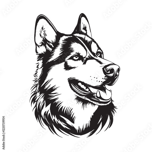 Siberian husky head vector. Detailed fur, friendly expression. Perfect for pet-related designs, logos, and apparel. Pet. Animals.