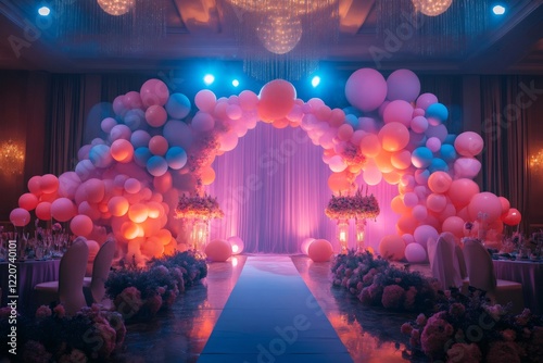 Colorful balloon arch and flower arrangements decorating a wedding reception venue