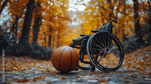 Wheelchair and Basketball in Autumn Woods