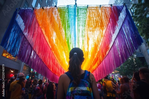 Tourist admiring rainbow installation during gay pride parade in Montreal photo