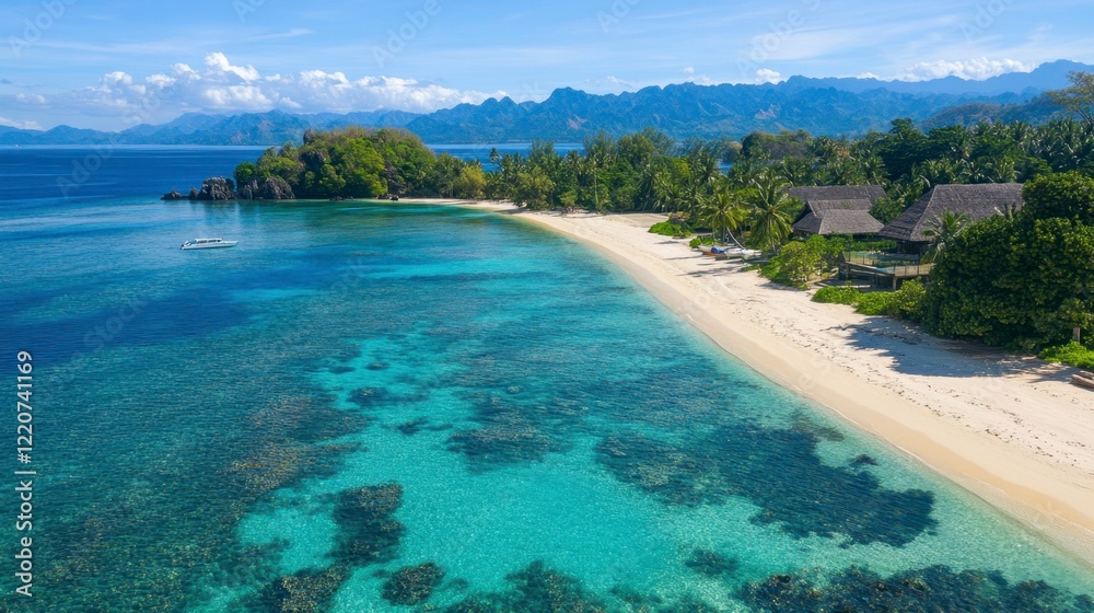 Fototapeta premium A serene aerial view of a secluded beach with crystal-clear waters and untouched sands