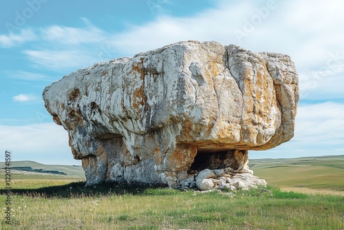 Imposing rock formation stands in a green field under a blue sky photo