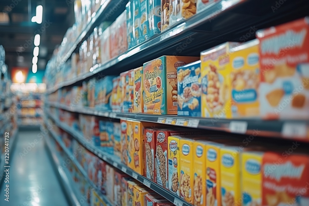 Fototapeta premium Colorful cereal boxes filling shelves in supermarket aisle