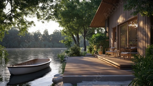 Fototapeta Naklejka Na Ścianę i Meble -  A serene lake house with a wooden deck and a boat docked nearby