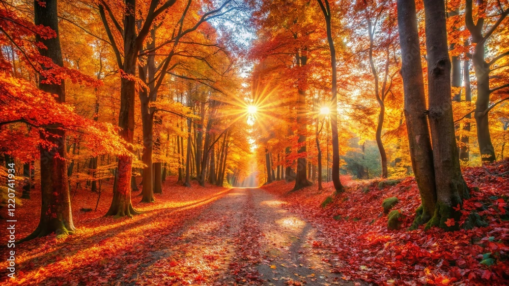 Golden Autumn Forest: Sunlit Pathway Through Vibrant Fall Foliage Golden Autumn Forest: Sunlit Pathway Through Vibrant Fall Foliage