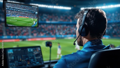 A person monitors a soccer match from a control room, using headphones and watching a screen, amidst a vibrant stadium atmosphere.