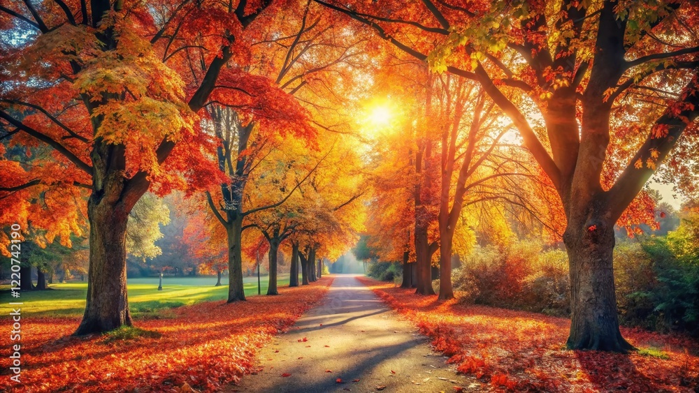 Fototapeta premium Golden Autumn Park: Vibrant Fall Foliage and Scenic Pathway