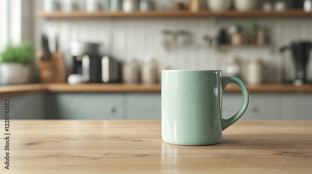 Blank matte green coffee cup mockup on wooden kitchen table, on minimalist kitchen background. Blank matte green coffee cup mockup on wooden kitchen table, on minimalist kitchen background.