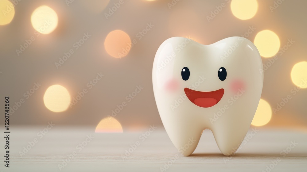 Fototapeta premium A cheerful, cartoonish tooth character with a smiling face, set against a soft, blurred background of warm, glowing lights.