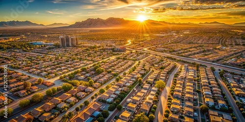 Golden Hour Aerial View of Las Vegas Suburban Grid - Vintage Photography Style