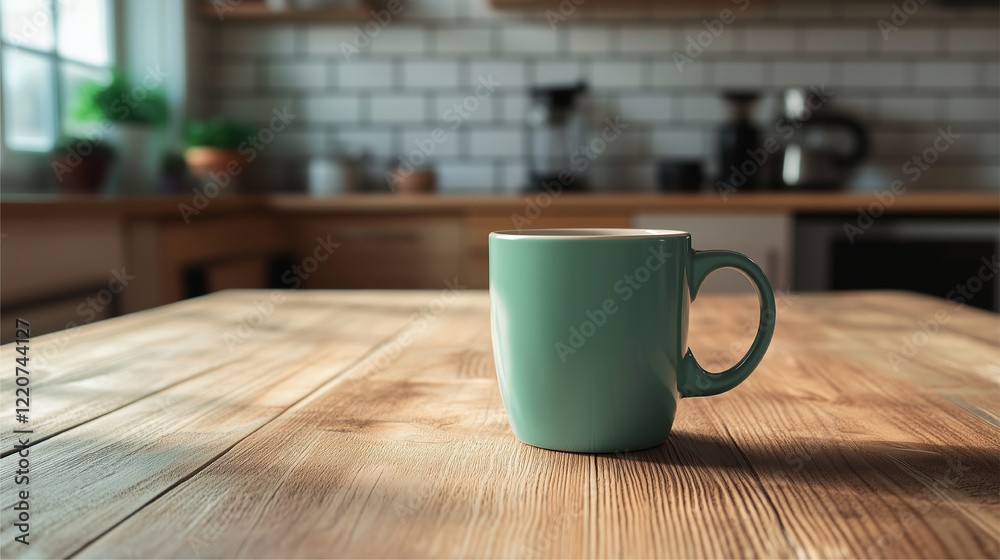 Blank matte green coffee cup mockup on wooden kitchen table, on minimalist kitchen background. Blank matte green coffee cup mockup on wooden kitchen table, on minimalist kitchen background.