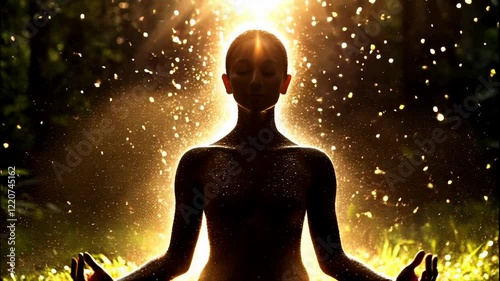Man sitting in lotus position under the rays of sunlight, meditating in the forest surrounded by glowing gold dust particles, creating a peaceful atmosphere, meditation and wellness industry concepts,