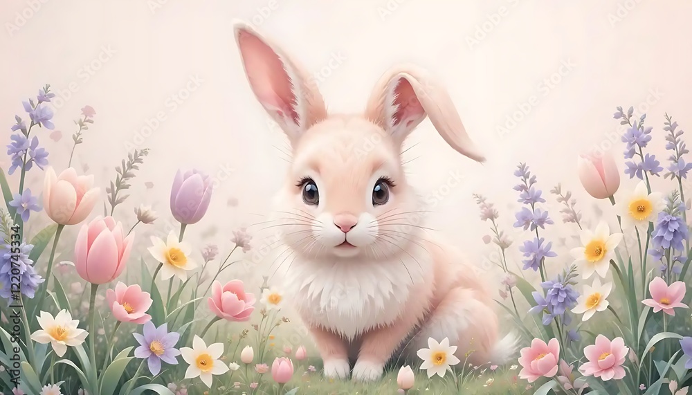 Obraz premium Adorable Pastel Bunny Amidst Spring Flowers Soft Garden Illustration