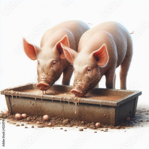 Two pigs eat from the same trough. Space for text.