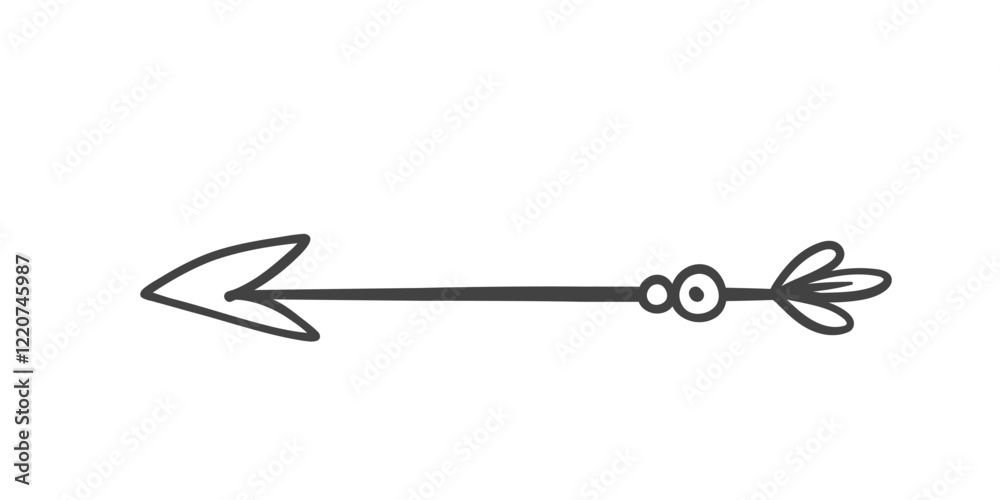 Cupids arrow with circles and leaves decor line icon. Outline retro round elements and leaf decoration on hand drawn arrow. Romantic love letter mascot, flourish divider icon vector illustration Cupids arrow with circles and leaves decor line icon. Outline retro round elements and leaf decoration on hand drawn arrow. Romantic love letter mascot, flourish divider icon vector illustration