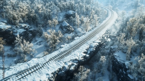 A snowy aerial view of a railway cutting through a frost-covered forest photo