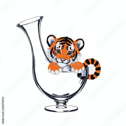 A cartoon tiger cub with a striped head surrounded by a glass of milk and two glass vases, one with an orange and the other with a vase, all illustrated in a simple vector style