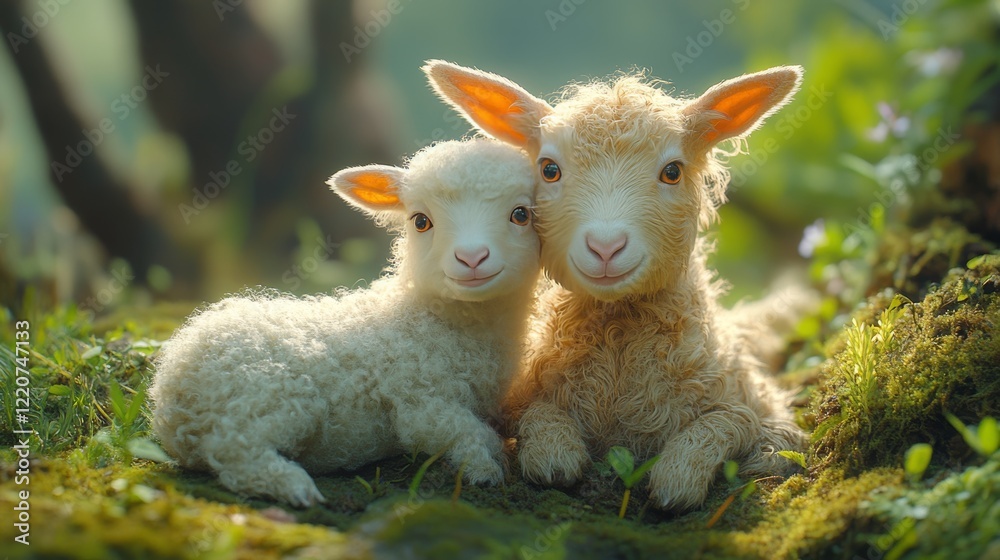 Obraz premium Two Adorable Lambs Resting Together in a Lush Green Meadow During a Sunny Morning in Spring