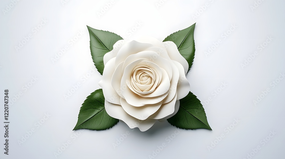 Naklejka premium Single Delicate White Rose in Full Bloom on Minimalist White Background