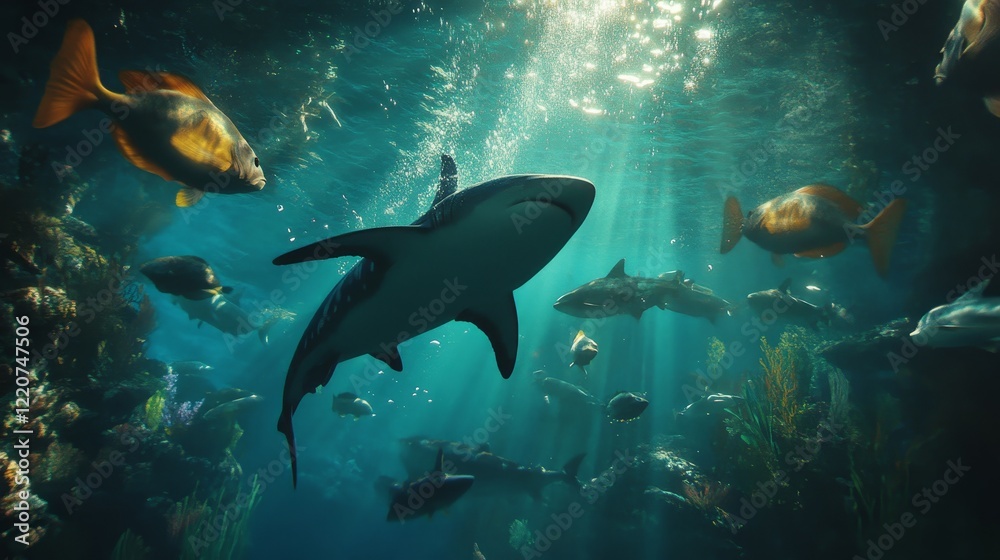 Obraz premium Underwater Ecosystem Teeming With Diverse Fish Swimming in Crystal Clear Waters, Captured During Daylight Hours Showcasing Natural Aquatic Life