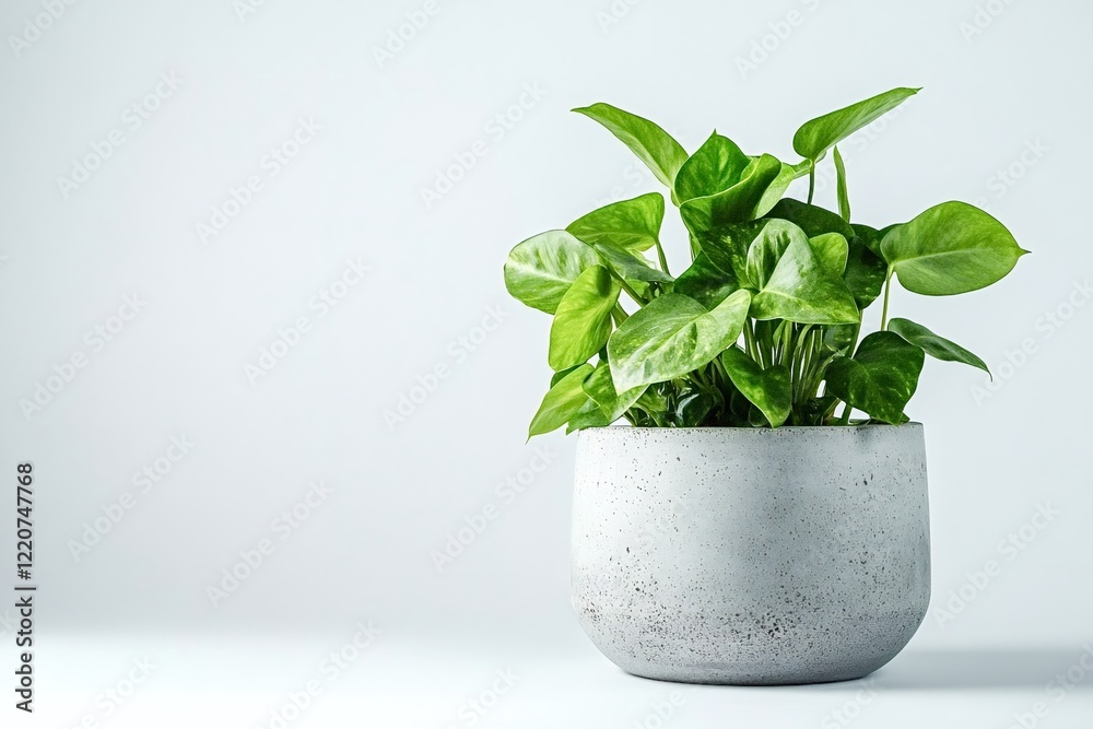 Fototapeta premium Vibrant green potted plant adds a touch of nature to a minimalist white setting, showcasing the beauty of simple design and the power of greenery to enhance any space