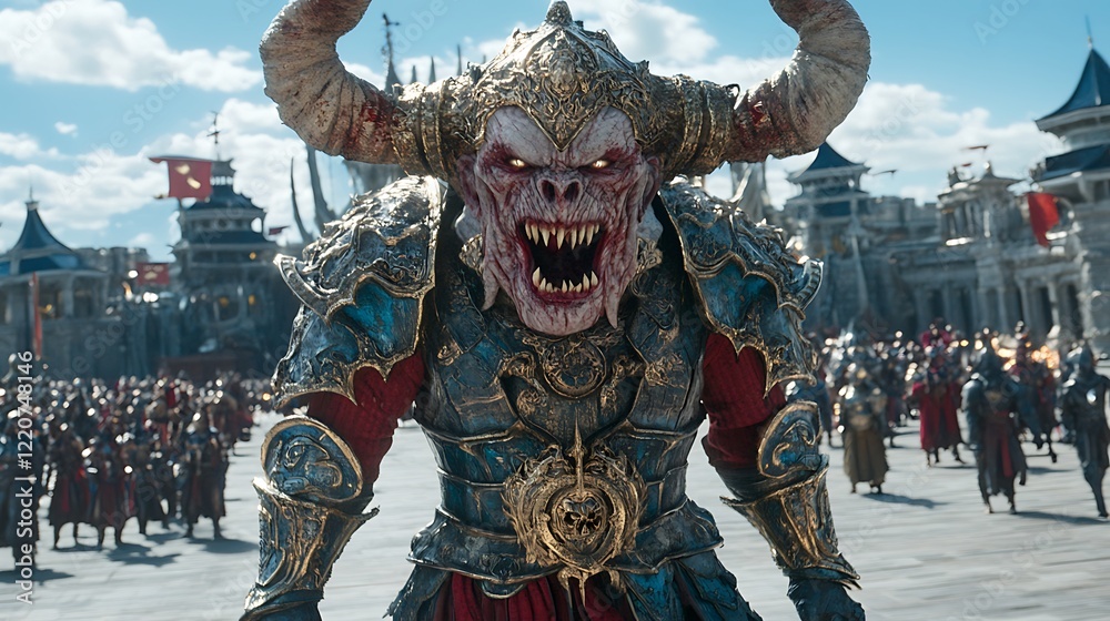Fototapeta premium Horned figure in armor faces the camera, city background