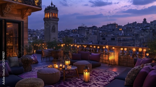 A stylish rooftop lounge with comfortable seating, glowing lanterns, and a panoramic city view photo