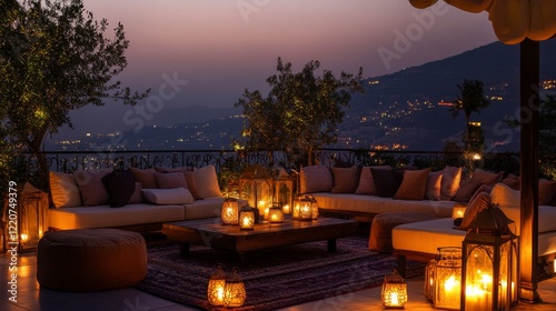 A stylish rooftop lounge with comfortable seating, glowing lanterns, and a panoramic city view photo