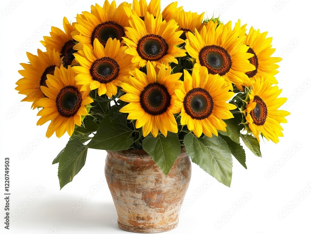 Obraz premium Bright and cheerful sunflower bouquet in rustic vase on a white background for summer