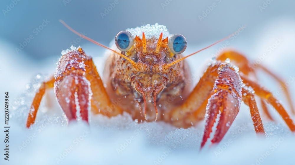 Close-up of a hermit crab emerging from the snow, showcasing its vibrant colors and details Close-up of a hermit crab emerging from the snow, showcasing its vibrant colors and details