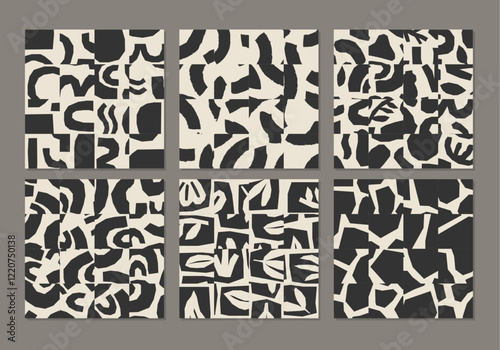 Cute trendy set of seamless patterns with abstract collage of organic shapes