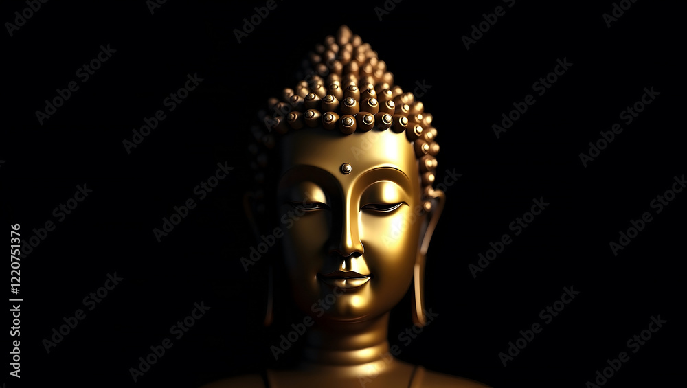 Golden Buddha face on a black background. Golden Buddha statue. Golden Buddha face on a black background. Golden Buddha statue.