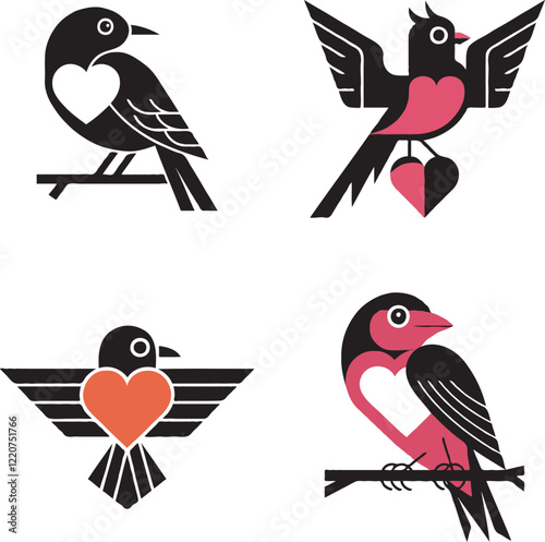 A bundle set collection of modern love birds, each incorporating heart symbols into their design