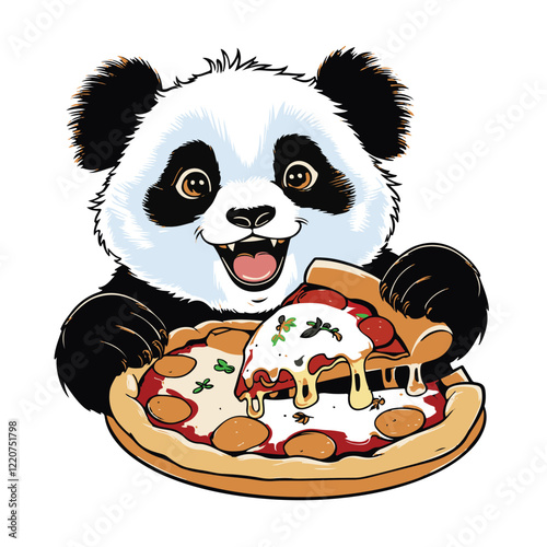 A cute cartoon panda eating a cake, with a playful expression, illustrated in a fun and colorful style, perfect for a wildlife or zoo theme