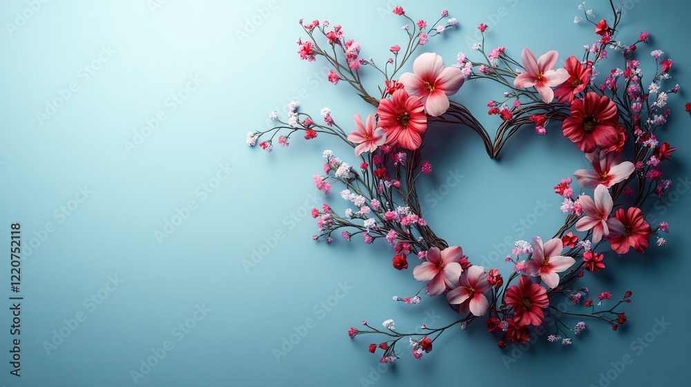 Romantic love card design with floral heart arrangement on blue background for special occasions Romantic love card design with floral heart arrangement on blue background for special occasions