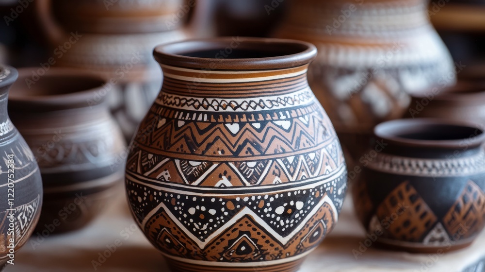 Handmade Pottery with Intricate Patterns in Soft Lighting Handmade Pottery with Intricate Patterns in Soft Lighting