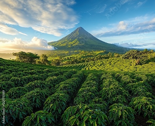 A view of the volcano in Kib Aden, West Nusantara, overlooking from Bumisama with green trees and blue sky. 