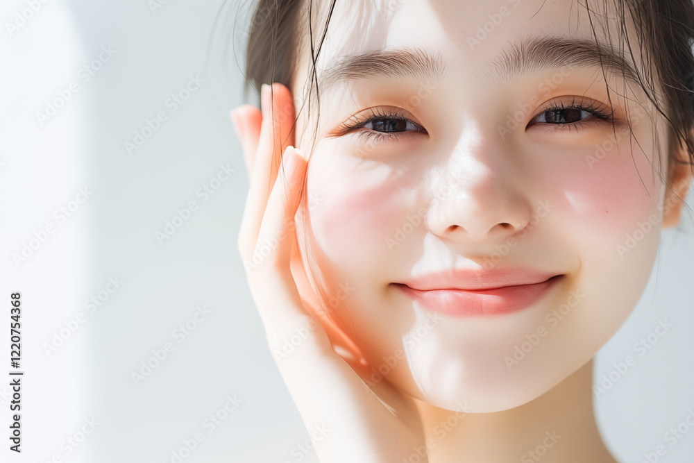close-up of smiling young woman in natural sunlight with soft shadows