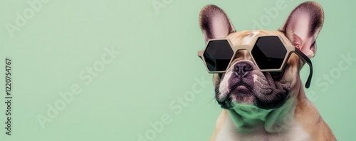 French bulldog with hexagonal sunglasses, pastel green background, geometric and trendy dog portrait photo