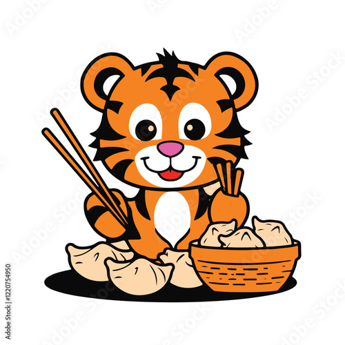 A playful cartoon tiger cub, with a ball in its paws, smiles playfully, a cute and fun vector illustration of a wild animal