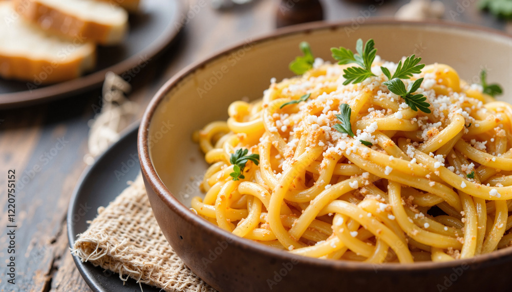 Hearty pastitsio with cheese on rustic dish, family dining concept