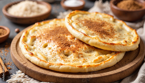 Delicious traditional lefse with cinnamon and sugar on wooden board, cozy dining photo