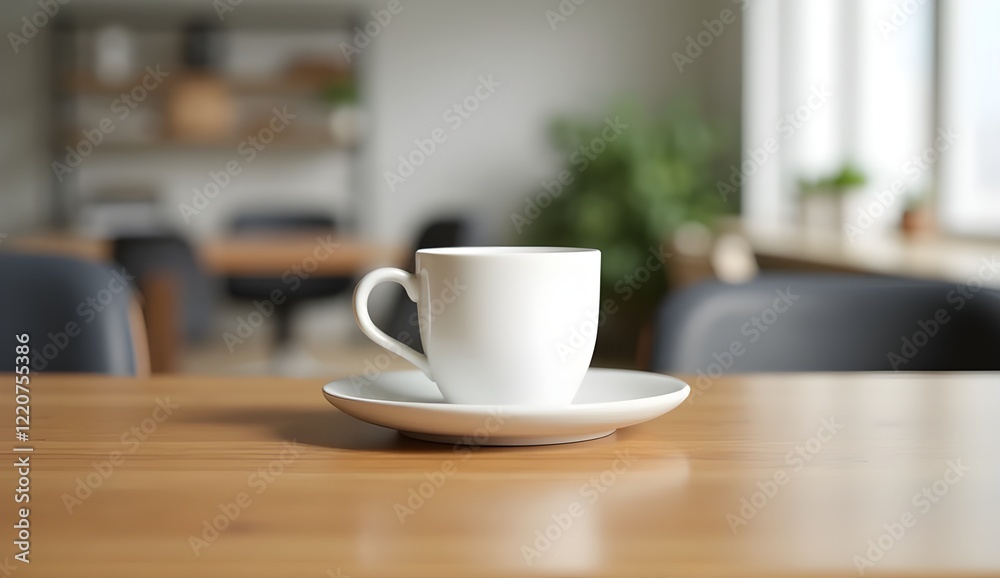 White cup resting on wooden tabletop with office background for a professional setting White cup resting on wooden tabletop with office background for a professional setting