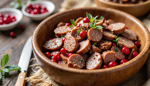 Rich poronkäristys served in rustic bowl, cozy Finnish dining experience photo