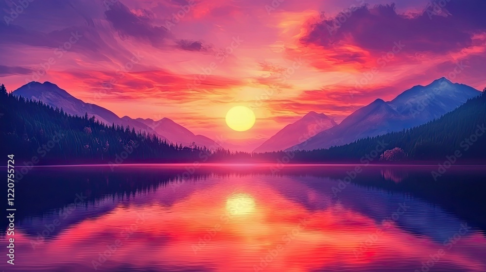 Fototapeta premium A breathtaking sunset over a calm lake, with mountains in the background. 