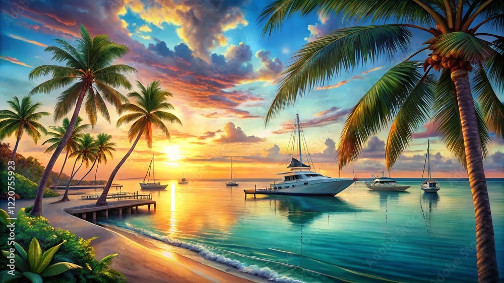 Obraz premium Hand-Drawn Nautical Seascape: Palm Trees & Yachts at Sunset - Stock Photo