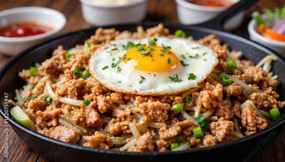 Savory sisig with egg and pork in skillet, Filipino cuisine delight Savory sisig with egg and pork in skillet, Filipino cuisine delight