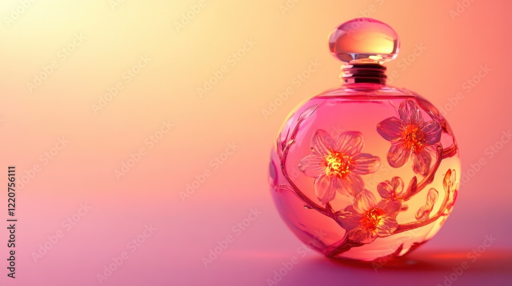 A perfume bottle with a floral design placed on a soft gradient-colored background, highlighting its details