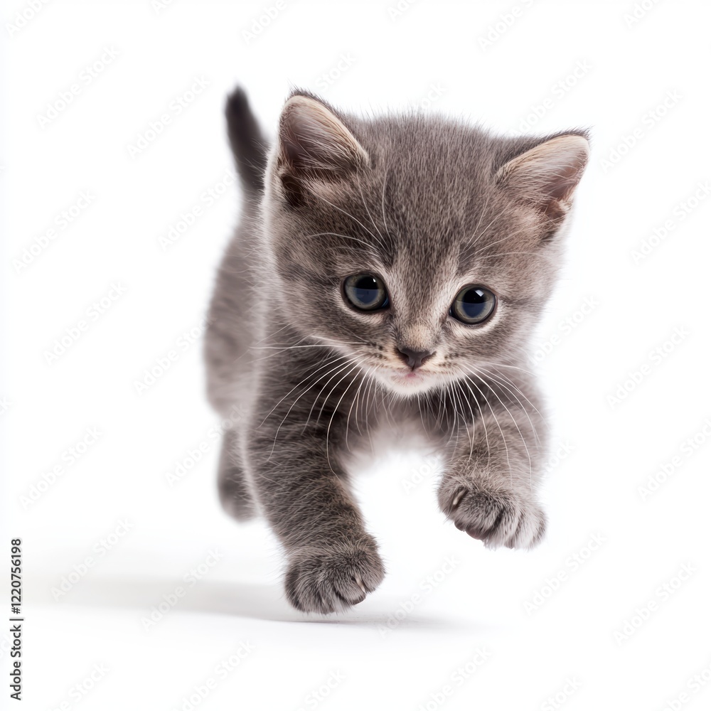 Playful Small Gray Kitten Leaping Forward in Isolated White Background Playful Small Gray Kitten Leaping Forward in Isolated White Background