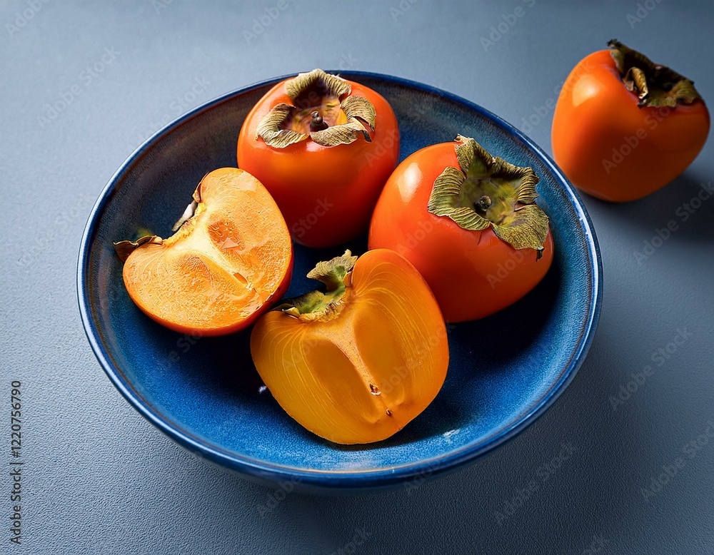Half and whole Persimmon tree fruits in a blue ceramic bowl. Generated image Half and whole Persimmon tree fruits in a blue ceramic bowl. Generated image
